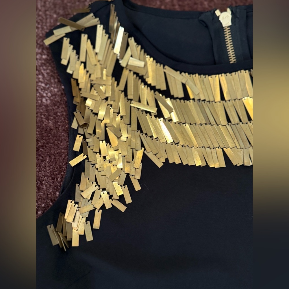 $440 TED BAKER Gold Sequin Embellished Metal Paillettes Little Black Dress Small - Picture 4 of 13
